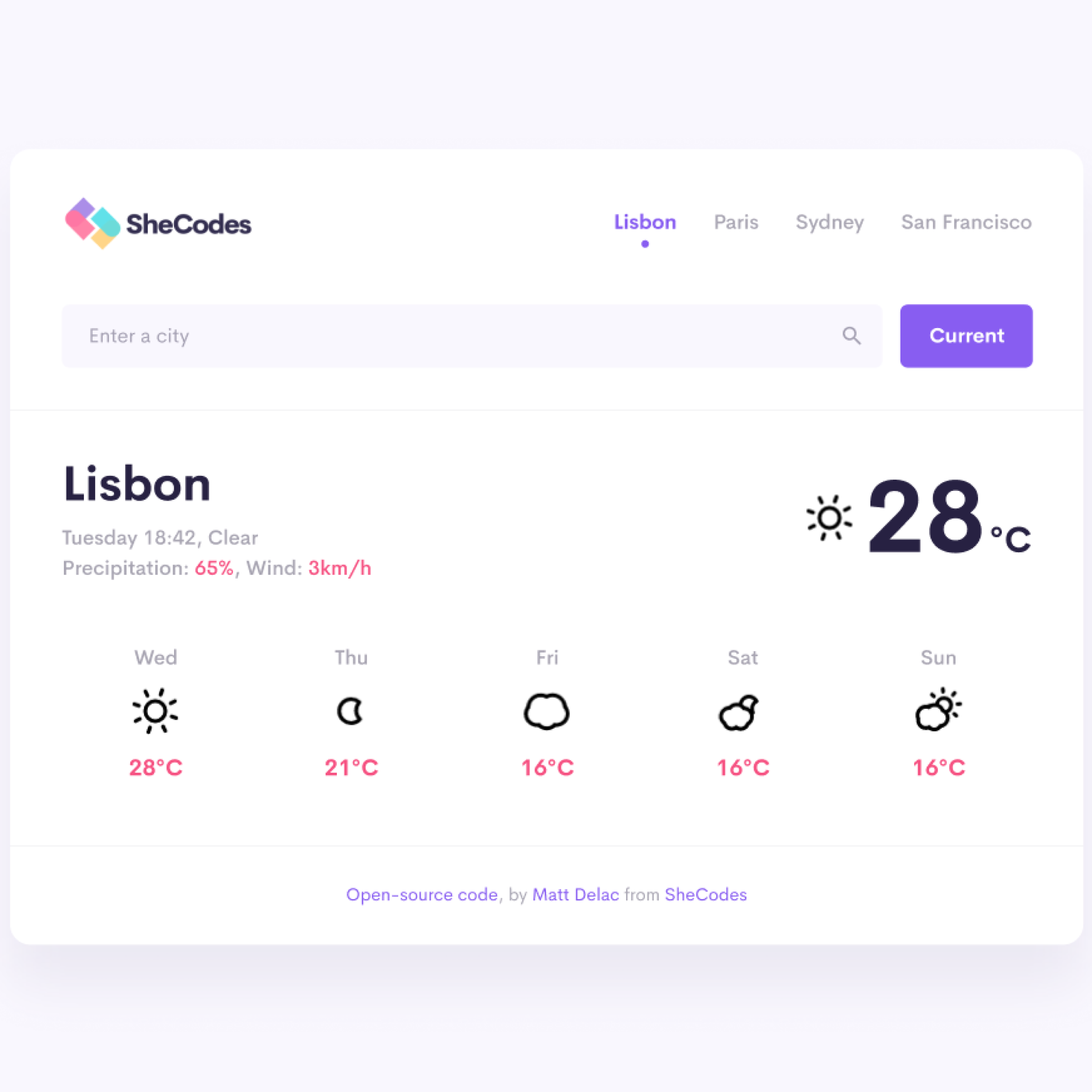 Visualization of a weather homepage which has been created for a SheCodes project