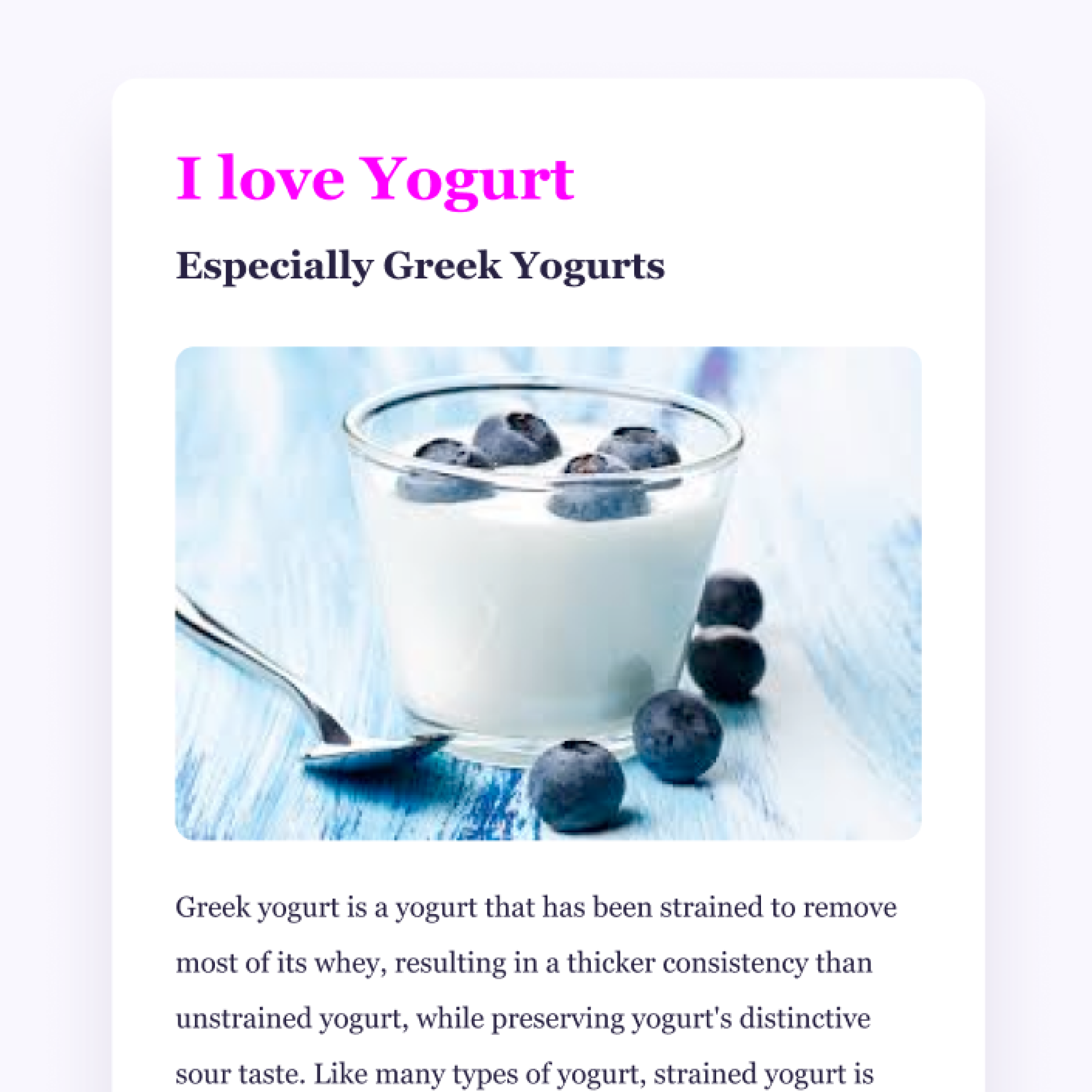 Visualization of a yoghurt homepage which has been created for a SheCodes project